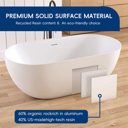 Medunjess 59"Freestanding Artificial Stone Bathtub with Shelf,Non-slip solid surface
