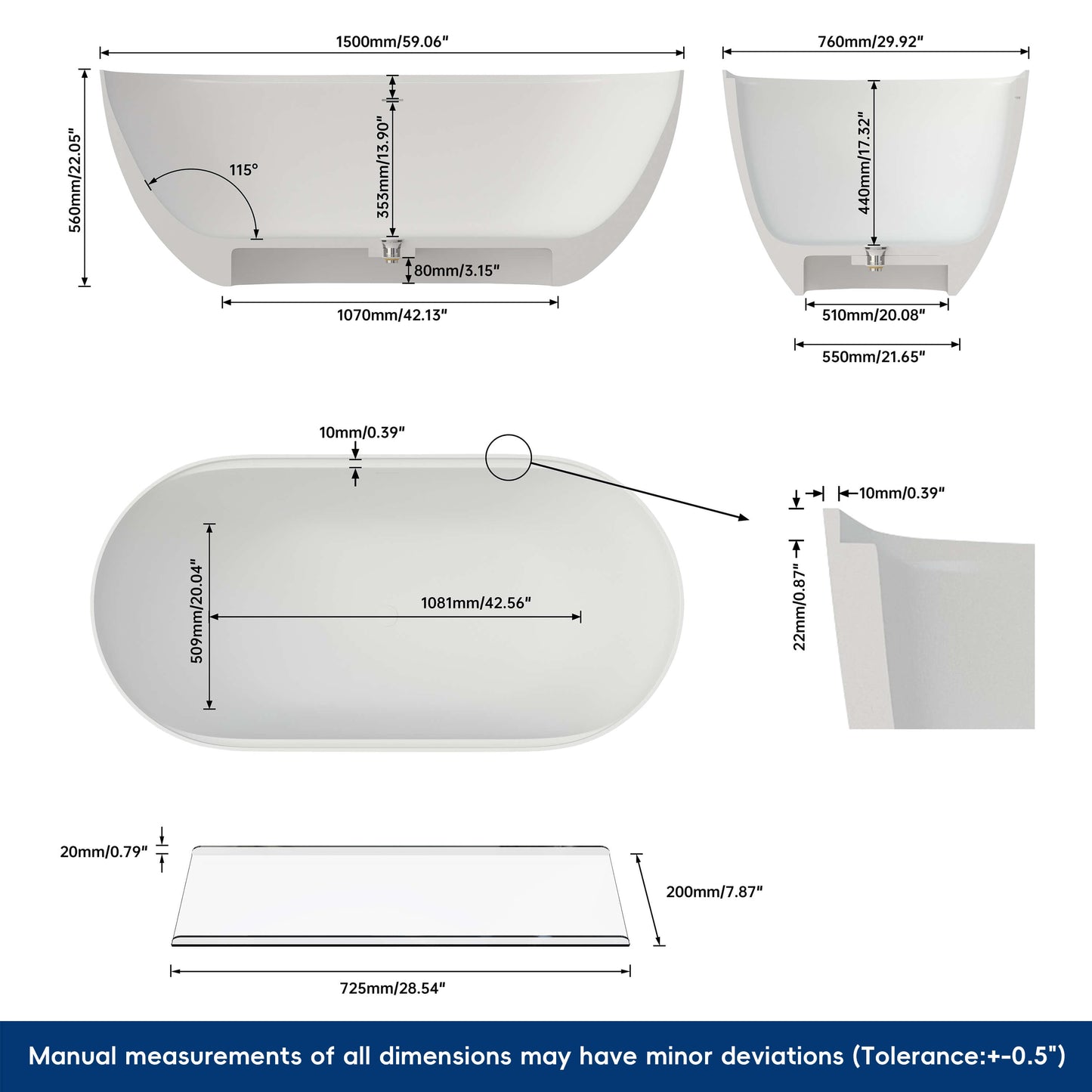 Medunjess 59"Freestanding Artificial Stone Bathtub with Shelf,Non-slip solid surface