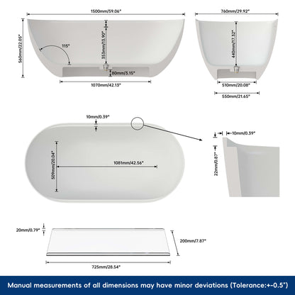 Medunjess 59"Freestanding Artificial Stone Bathtub with Shelf,Non-slip solid surface