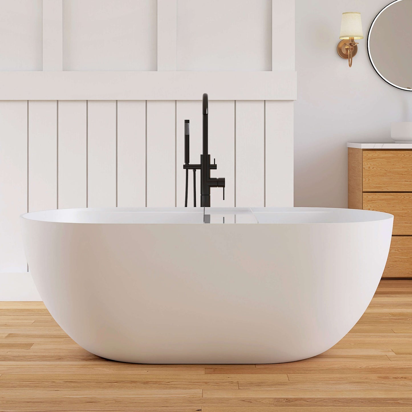 Medunjess 59"Freestanding Artificial Stone Bathtub with Shelf,Non-slip solid surface