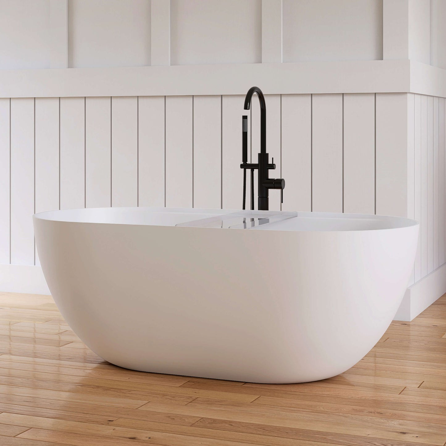 Medunjess 59"Freestanding Artificial Stone Bathtub with Shelf,Non-slip solid surface