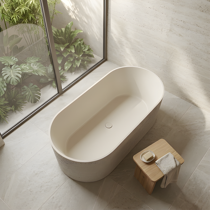 MEDUNJESS 65" Linen Travertine Solid Surface Freestanding Bathtub