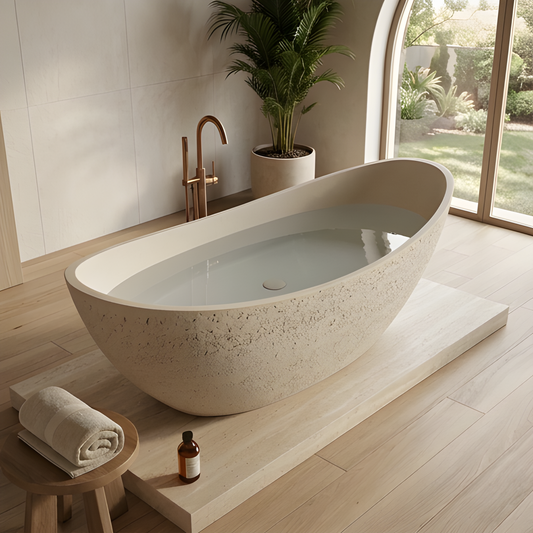 Medunjess 73" Luxury Artificial Stone Travertine Freestanding Bathtub in Linen