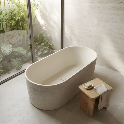 MEDUNJESS 65" Linen Travertine Solid Surface Freestanding Bathtub