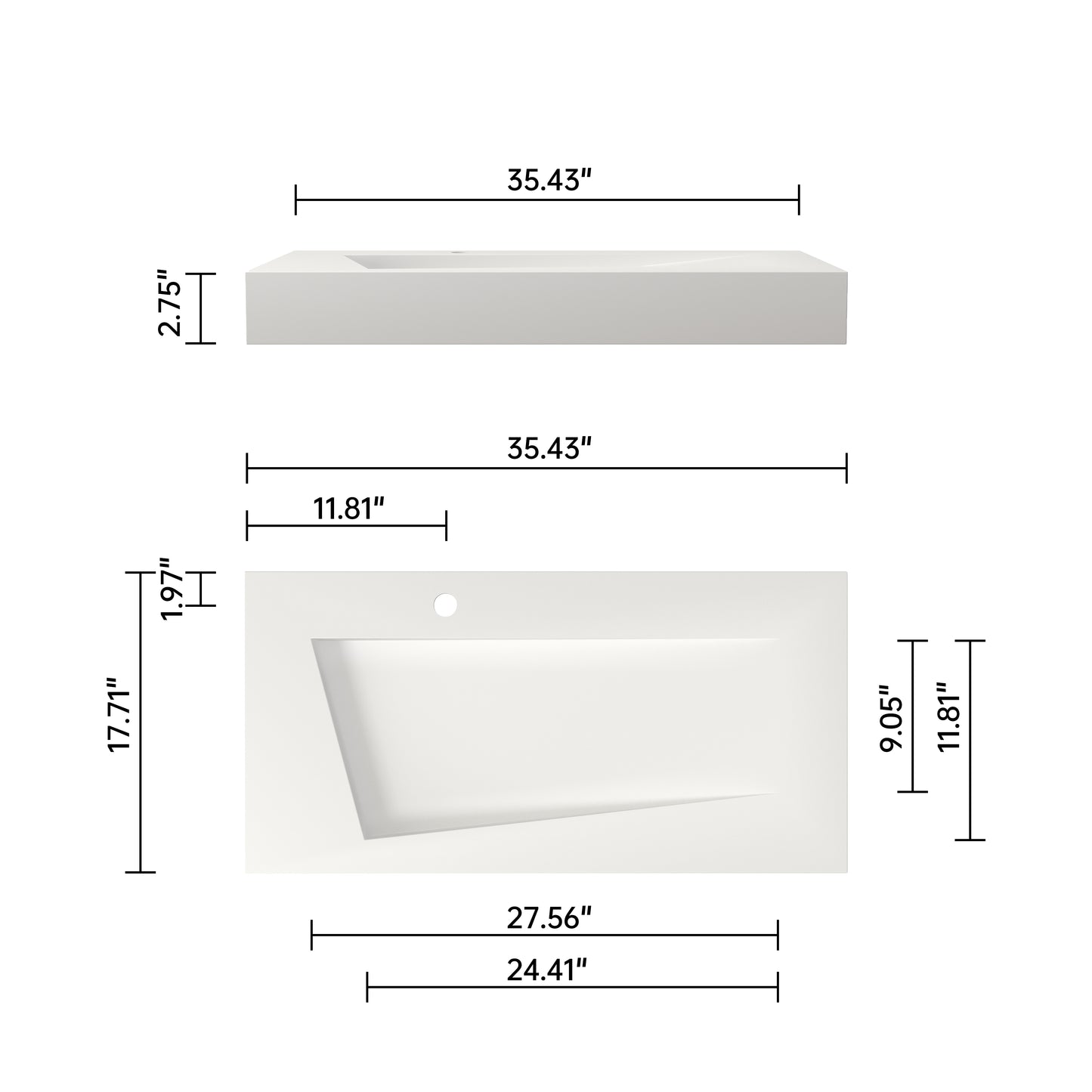 Medunjess 35'' Wall Mounted Bathroom Sink Solid Surface Sink With Faucet Hole