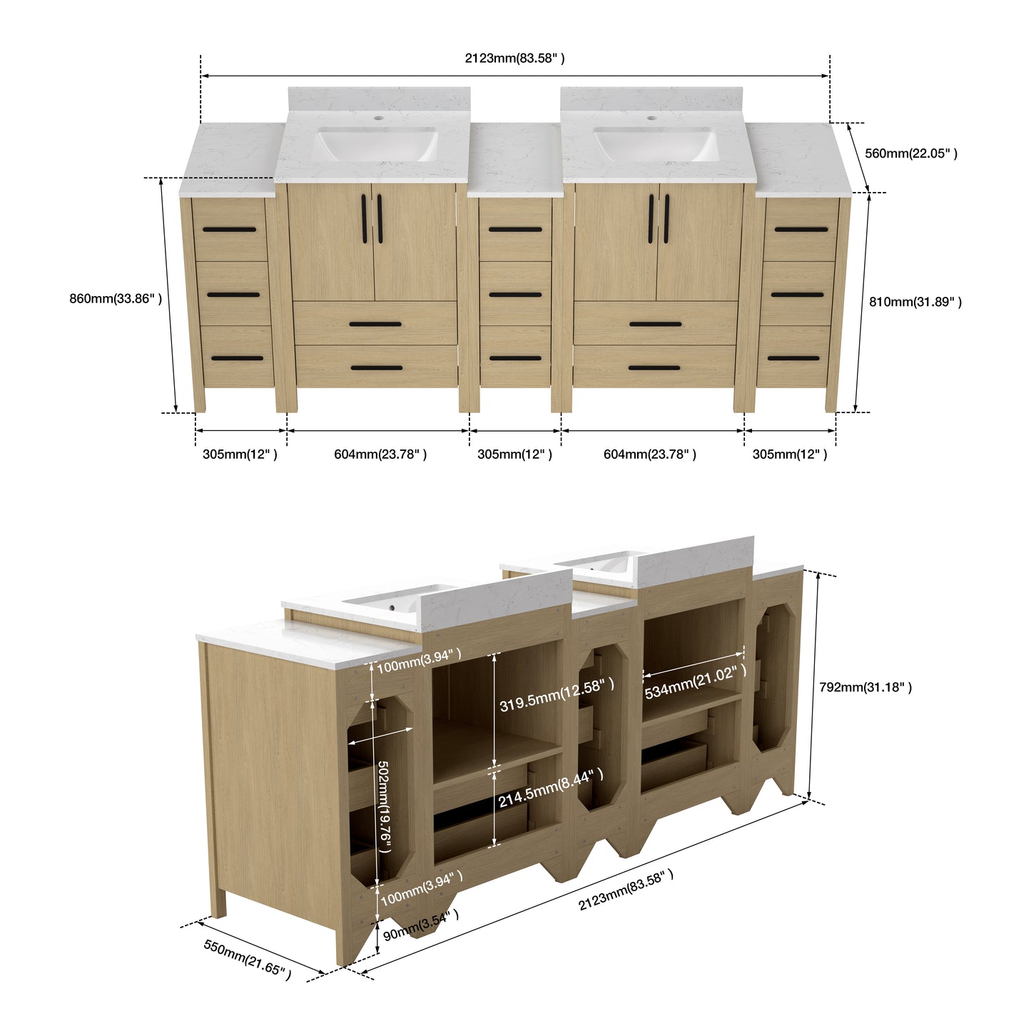 Medunjess 84'' Matrix Bathroom Vanities Sets With White Granite Top