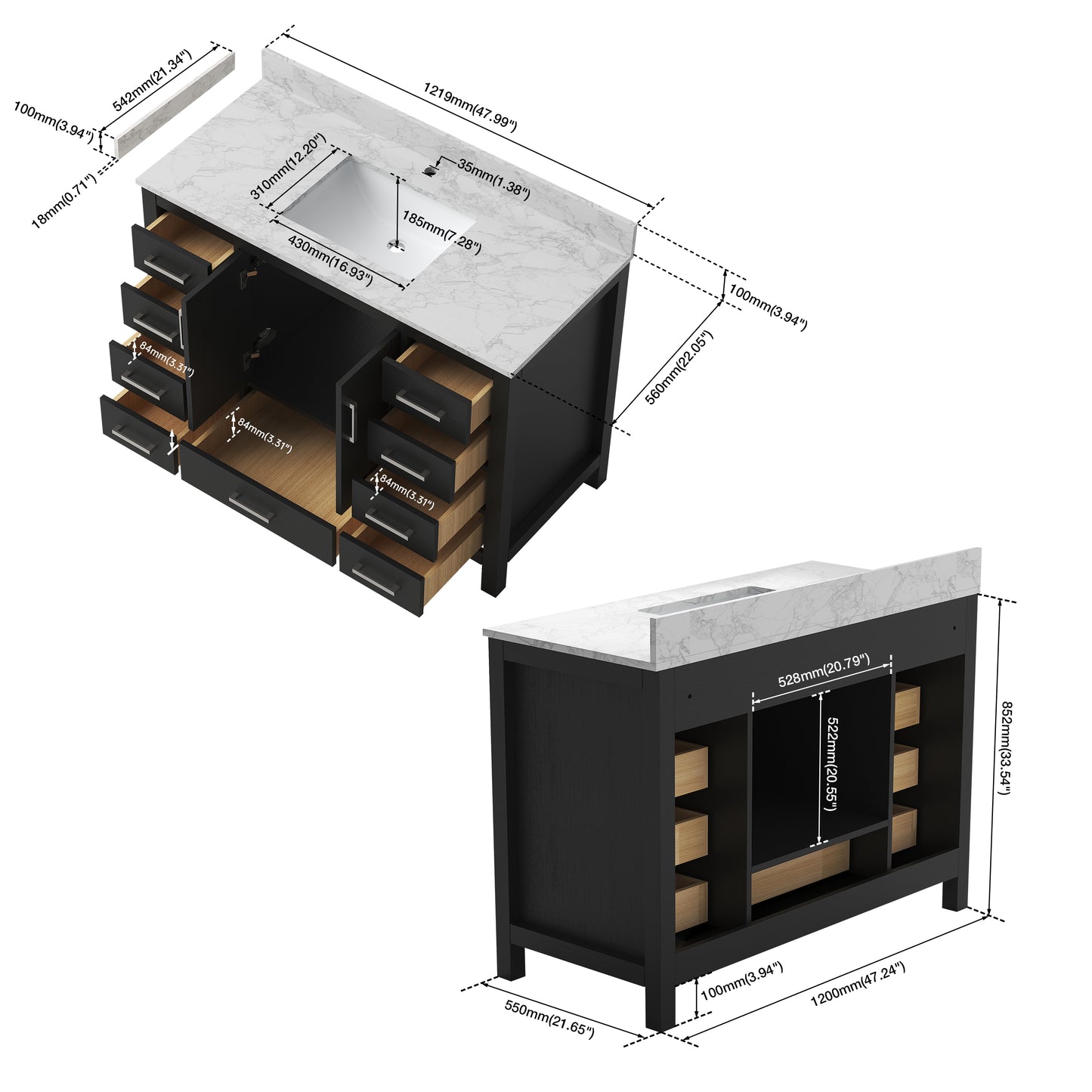 Medunjess 48" Black Wood Oak-Style Bathroom Vanity with Quartz Sink