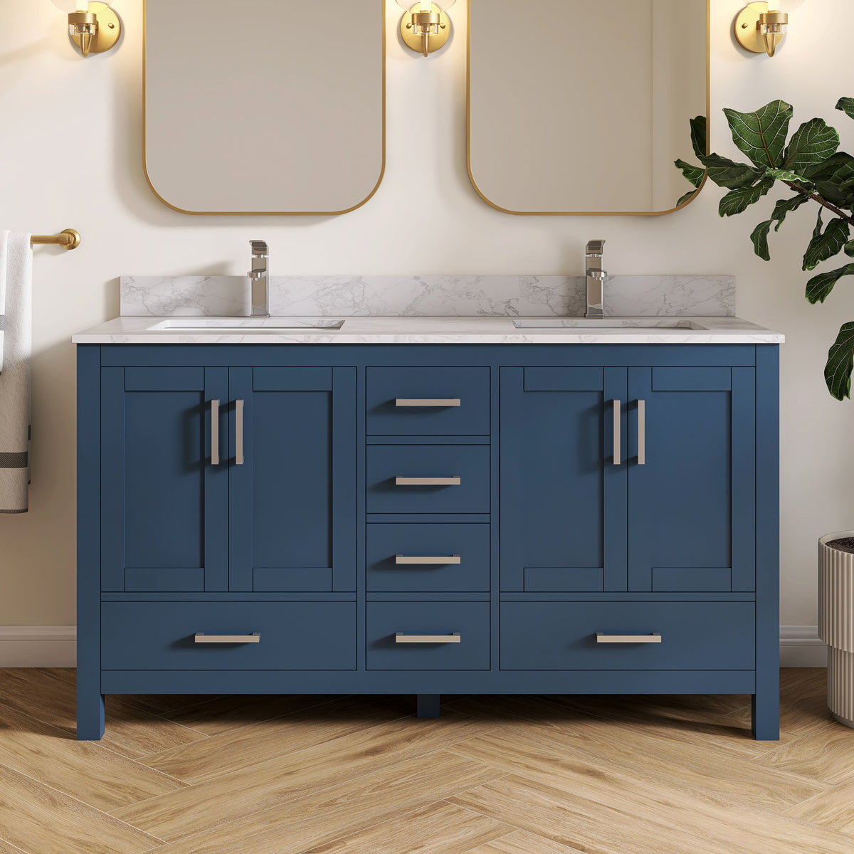 Medunjess 60" Blue Wood Double Sink Bathroom Vanity with Quartz Top