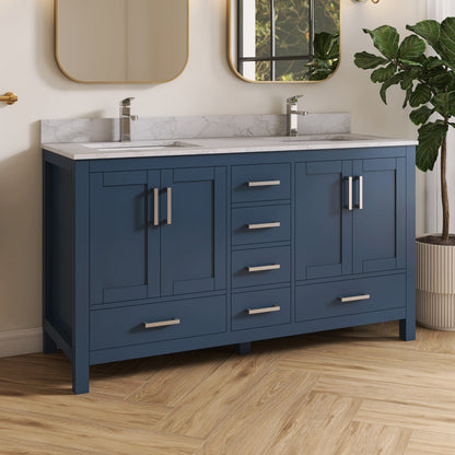 Medunjess 60" Blue Wood Double Sink Bathroom Vanity with Quartz Top