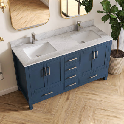 Medunjess 60" Blue Wood Double Sink Bathroom Vanity with Quartz Top