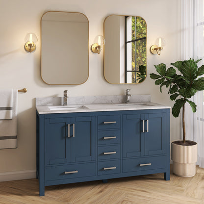 Medunjess 60" Blue Wood Double Sink Bathroom Vanity with Quartz Top