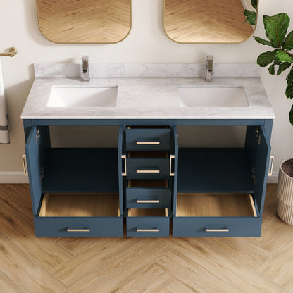 Medunjess 60" Blue Wood Double Sink Bathroom Vanity with Quartz Top