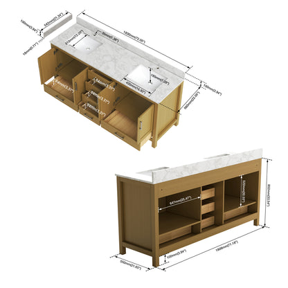Medunjess 72" Double Sink Rubberwood Vanity with Quartz Top & 6 Drawers