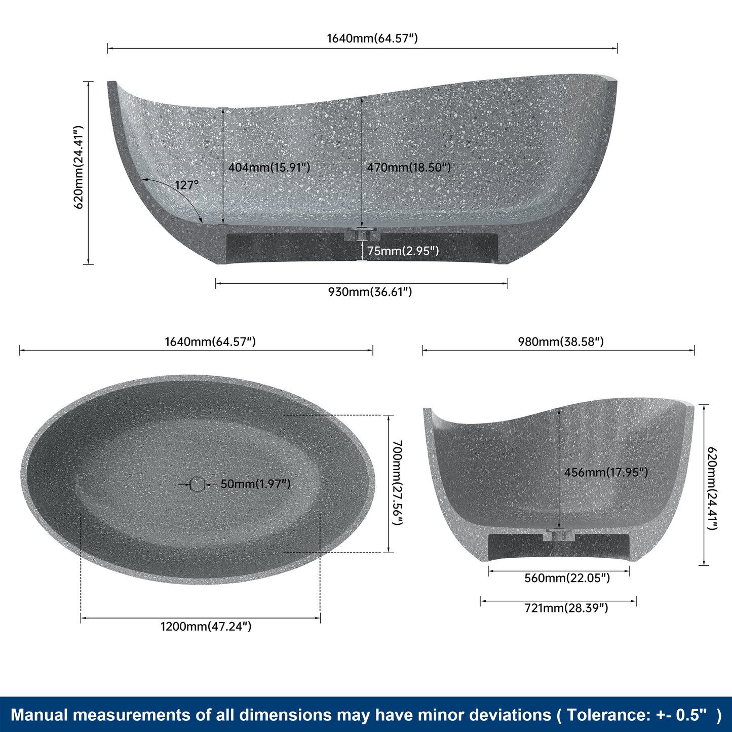 65'' Stone Resin Freestanding Bathtub, Elegant Oval Shape Soaking Tub, Solid Surface Stand Alone Bathtub with Drain & Without overflow outlet Cement grey