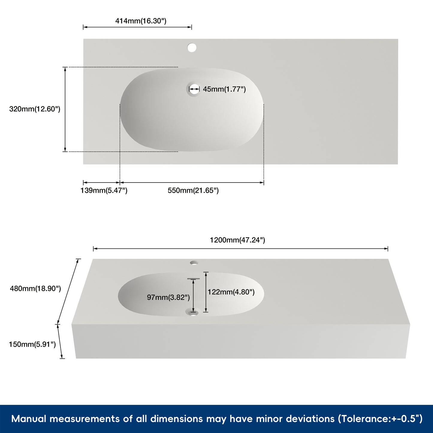 Measurement chart of a rectangular sink component with dimensions labeled.