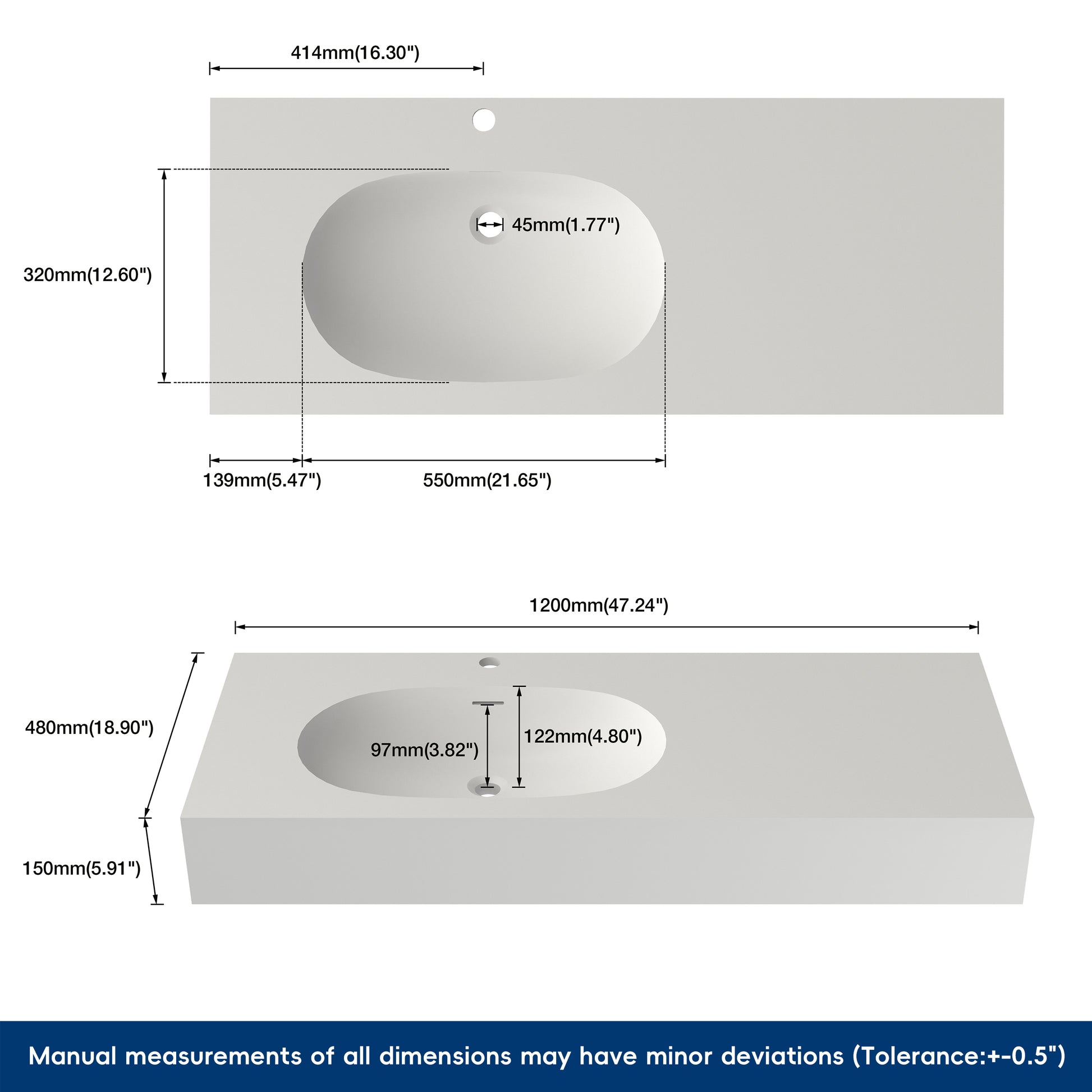Measurement chart of a rectangular sink component with dimensions labeled.