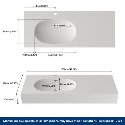 Measurement chart of a rectangular sink component with dimensions labeled.