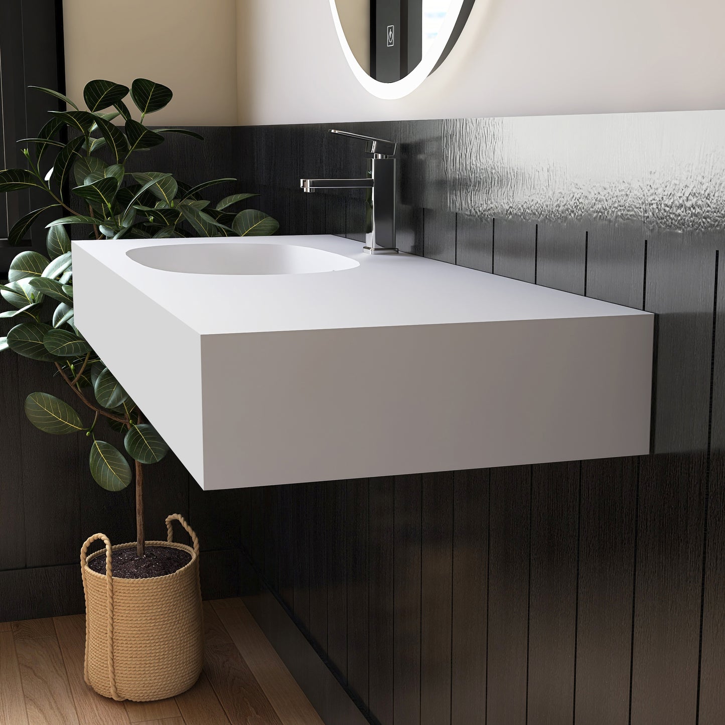 Modern bathroom vanity with white sink and dark wooden wall.