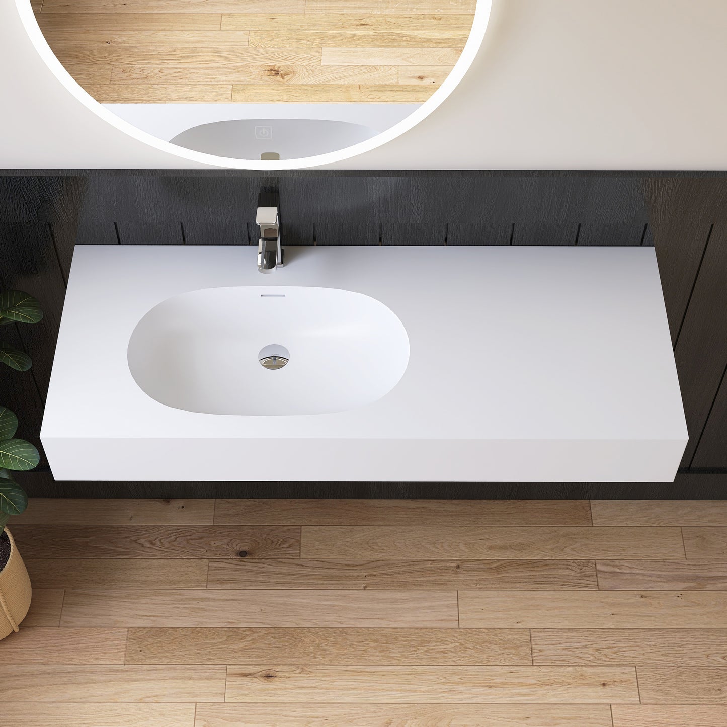Bathroom vanity with white wall-mounted sink 