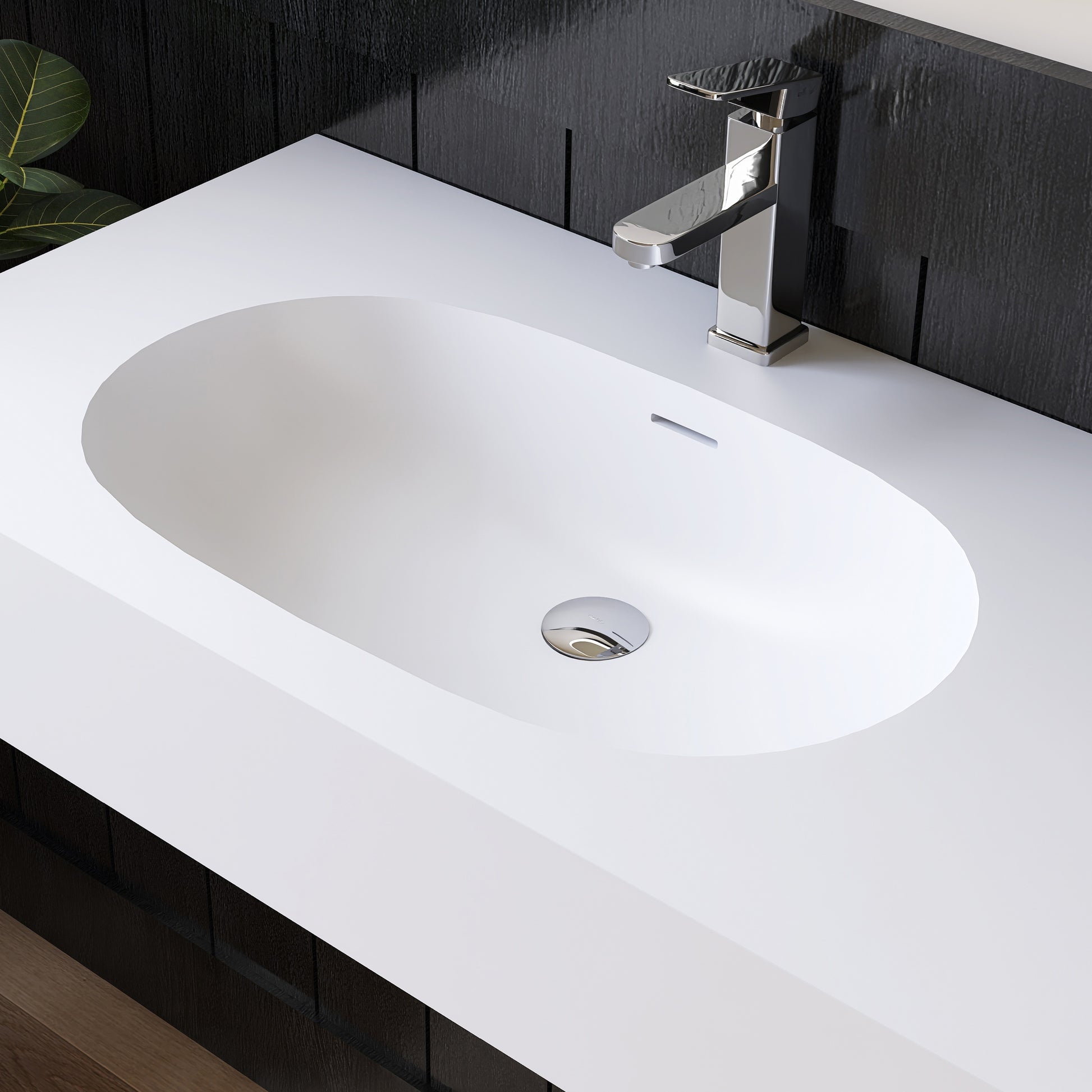 Wall mounted Bathroom sink with faucet against a dark wooden wall