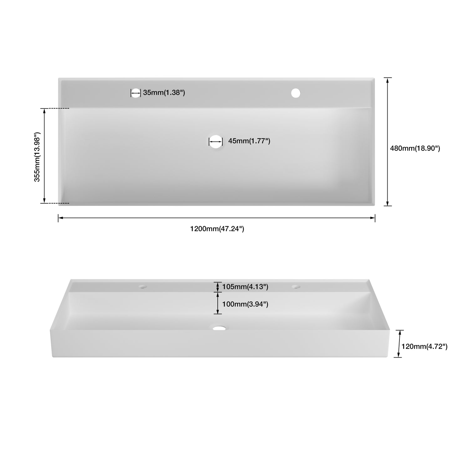 MEDUNJESS 47'' Wall Mounted Bathroom Sink Bathroom Vessel Sink Double Faucet Holes
