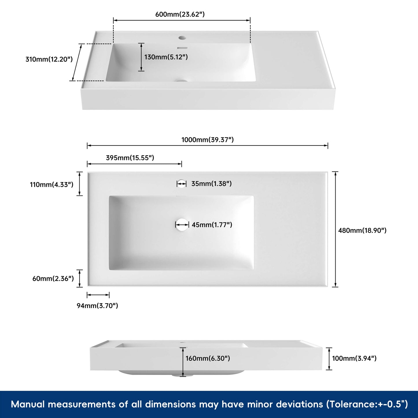 Medunjess 39'' Aerial Wall Mounted Bathroom Sink Solid Surface Sink