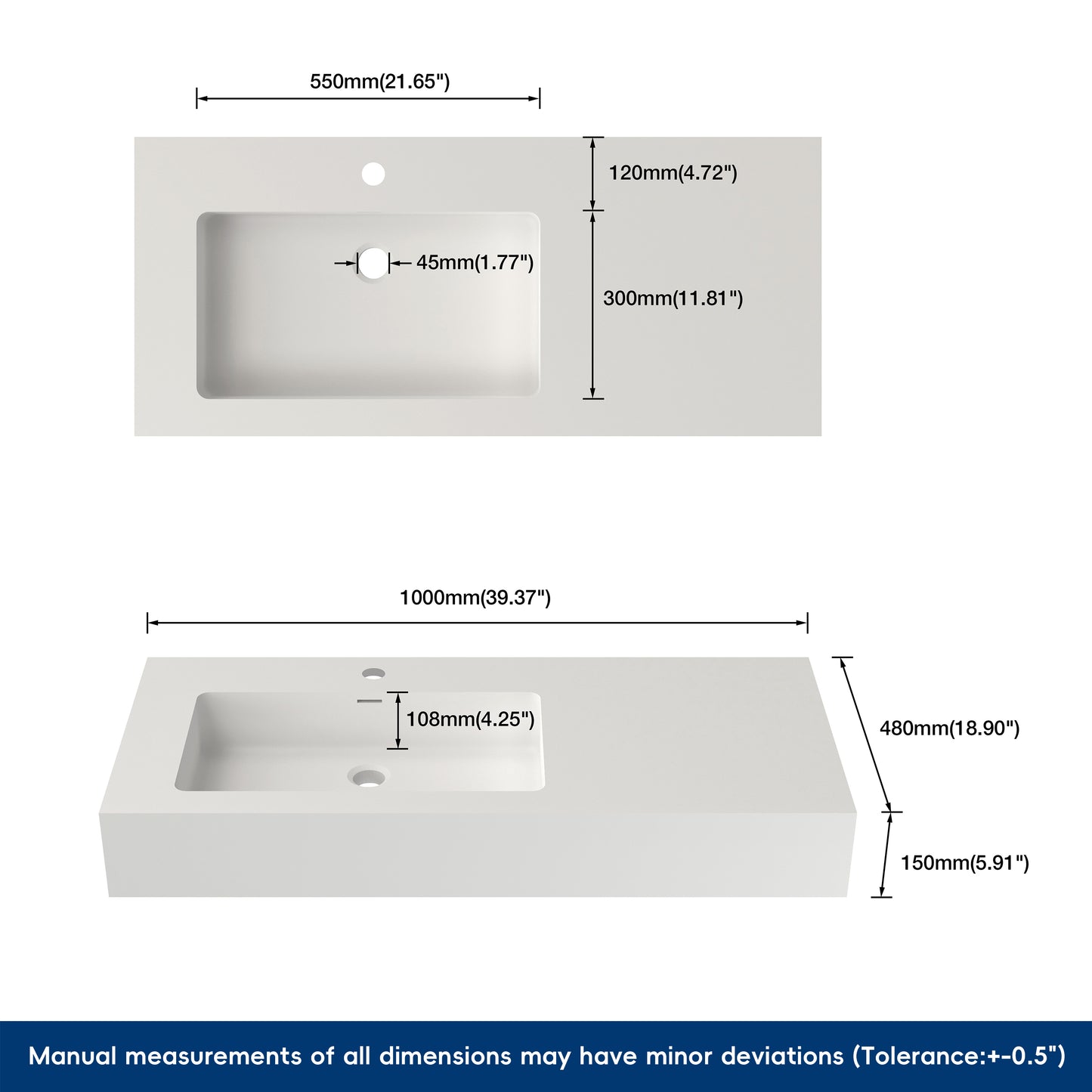 Measurement chart of a rectangular sink with dimensions labeled