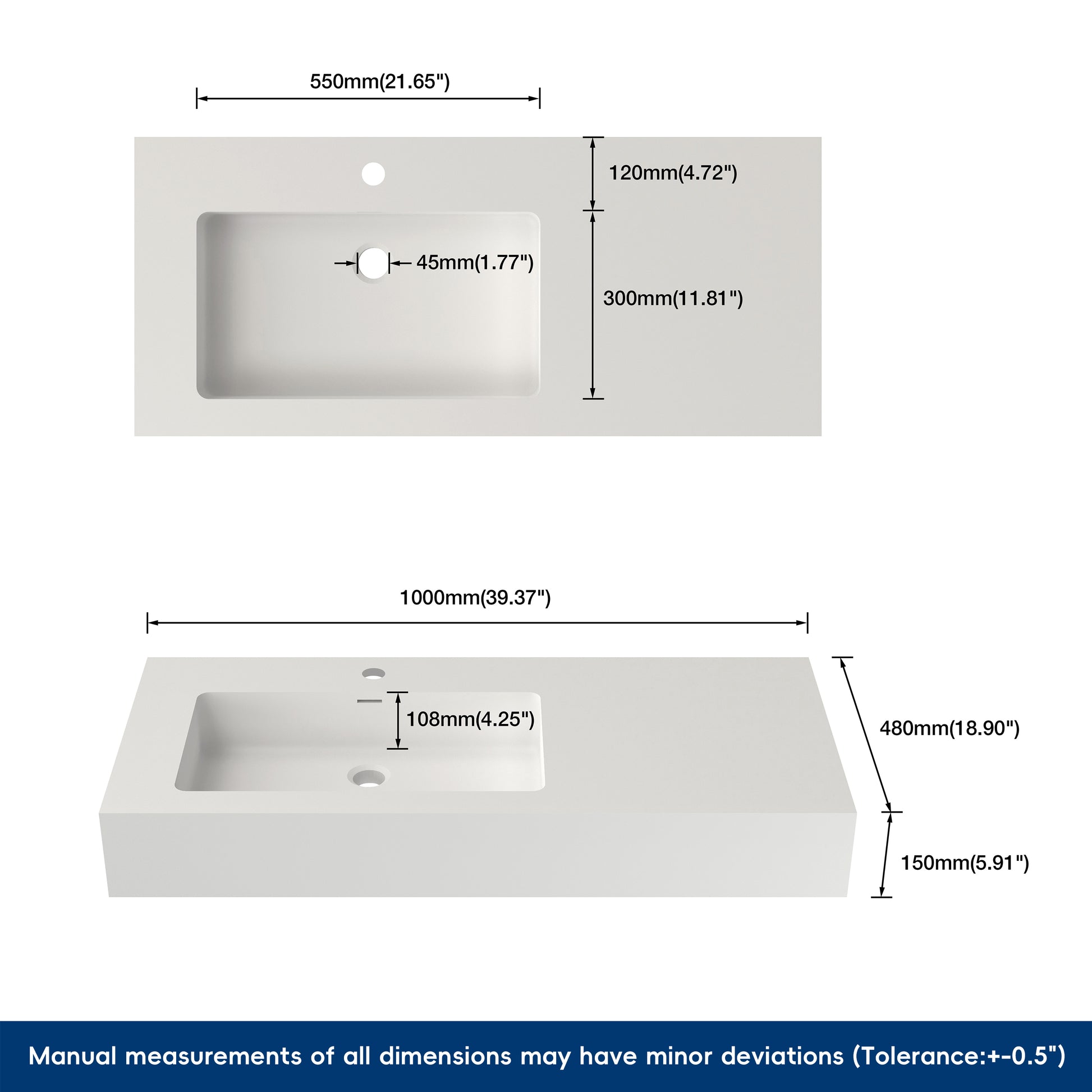 Measurement chart of a rectangular sink with dimensions labeled