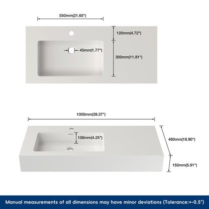 Measurement chart of a rectangular sink with dimensions labeled