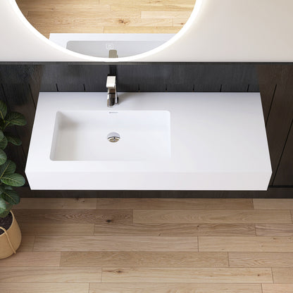 Wall mounted bathroom sink with wooden floor and plant