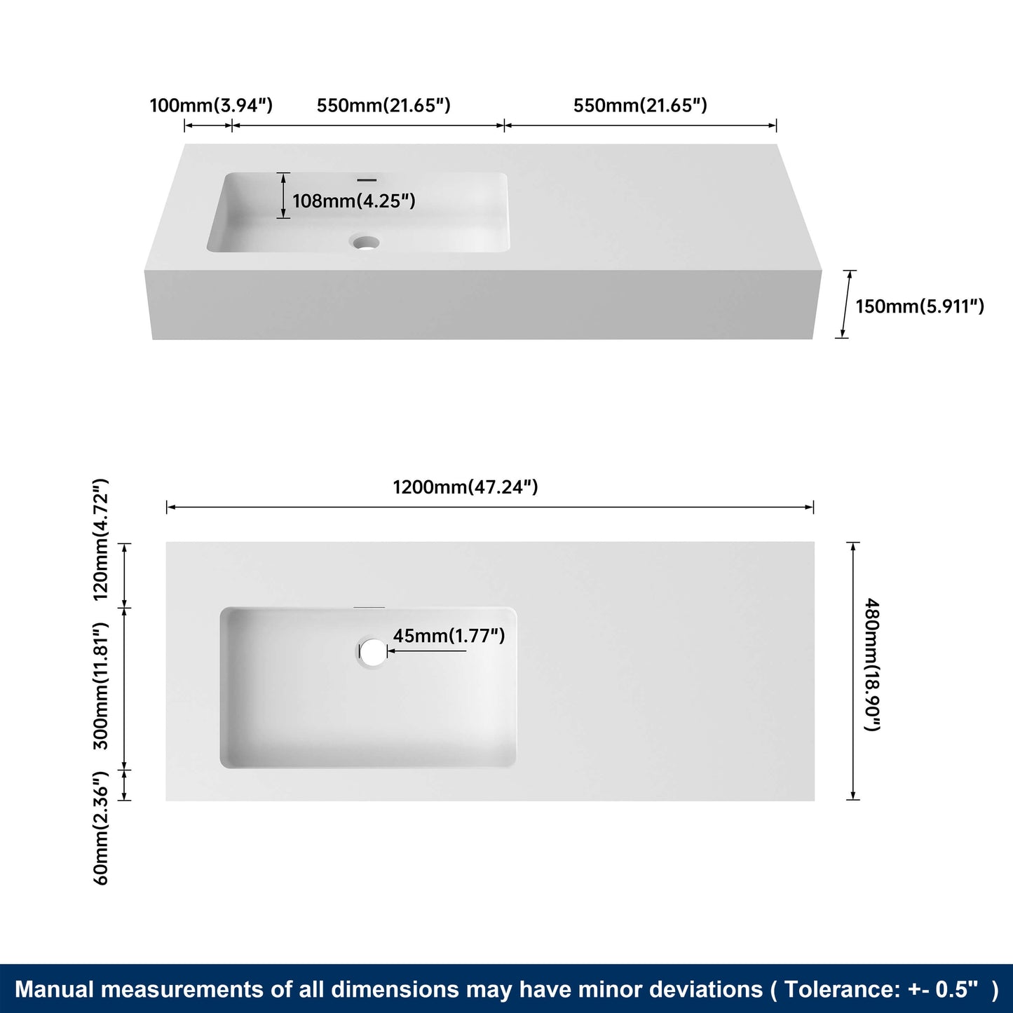 Medunjess 47'' Hovera Wall Mounted Bathroom Sink Solid Surface Sink