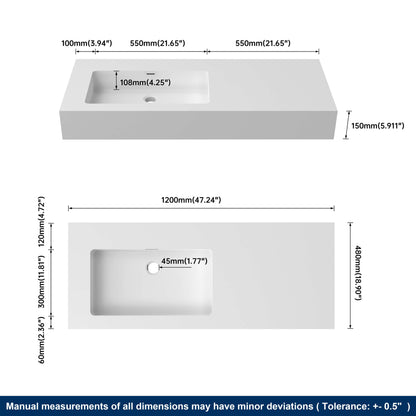 Medunjess 47'' Hovera Wall Mounted Bathroom Sink Solid Surface Sink