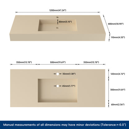 wall mounted creamy beige sink with dimensions labeled on a white background