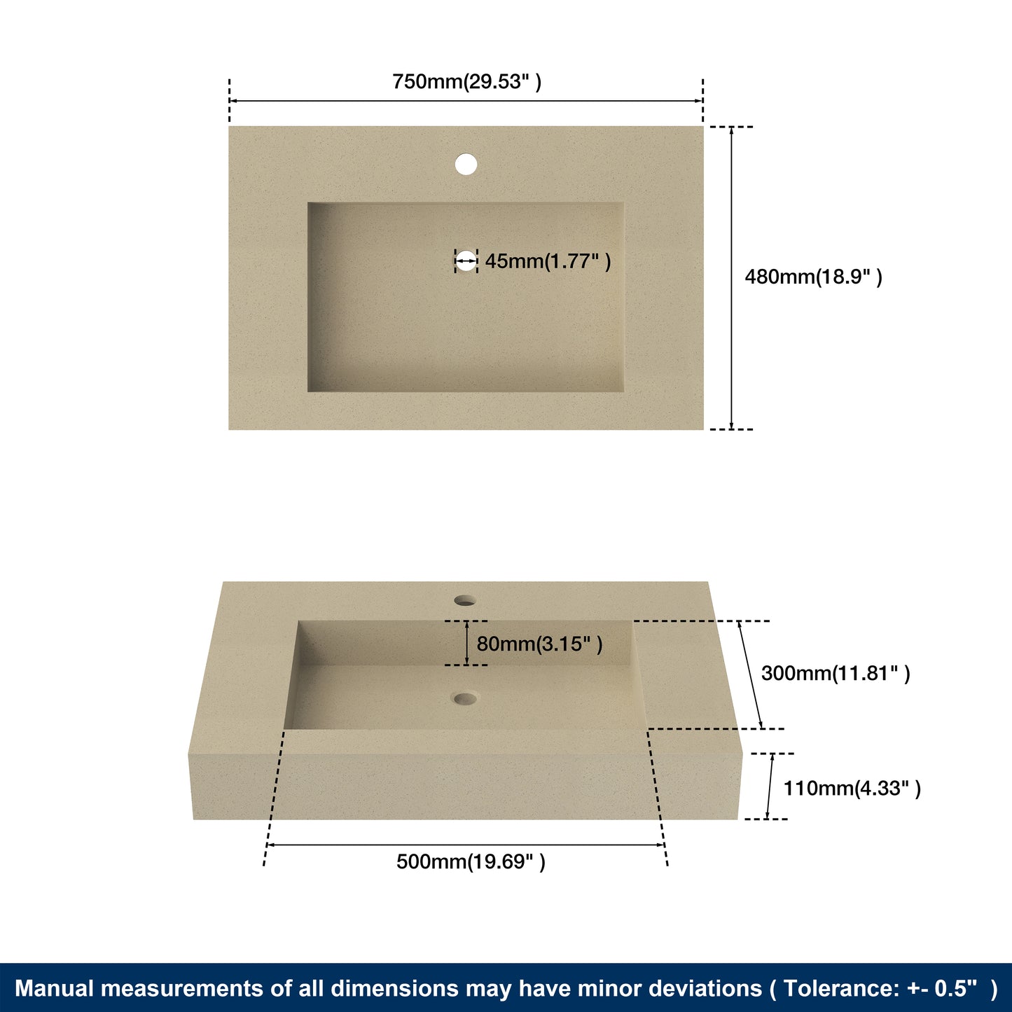 Beige wall-mounted sink with dimensions labeled on a white background