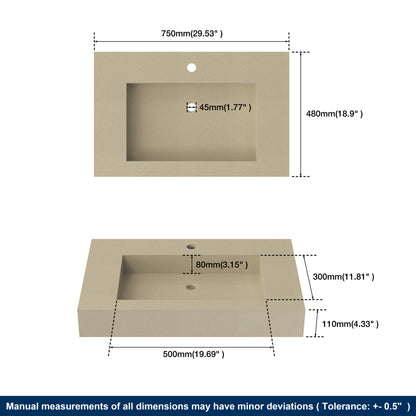 Beige wall-mounted sink with dimensions labeled on a white background