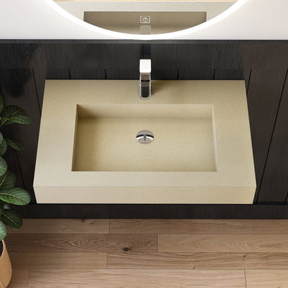 Beige wall mounted  sink with dark wooden cabinet and mirror in a bathroom setting
