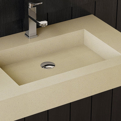 Beige countertop with a rectangular wall mounted sink and chrome faucet against a dark wooden panel background.