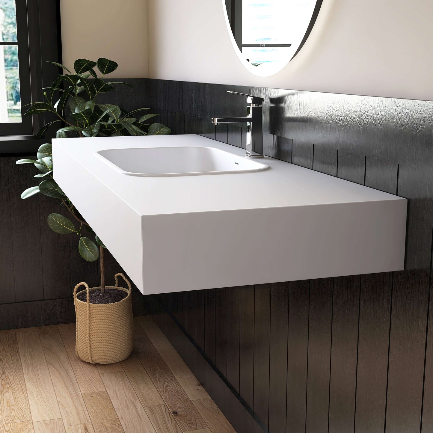 Medunjess 59'' Strata Wall Mounted Bathroom Sink Solid Surface Sink