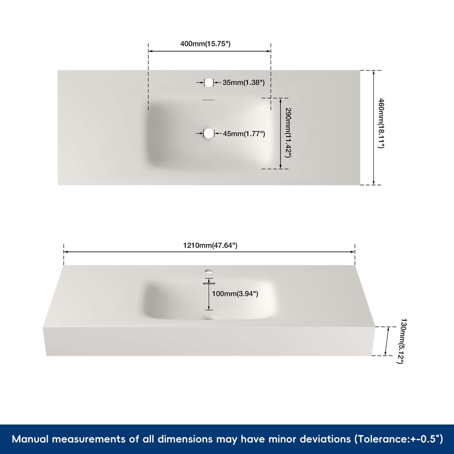 Medunjess 47" White Minimalist Solid Surface Wall-Hung Basin