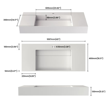 Medunjess 42" Vector Wall Mounted Bathroom Sink Solid Surface Sink