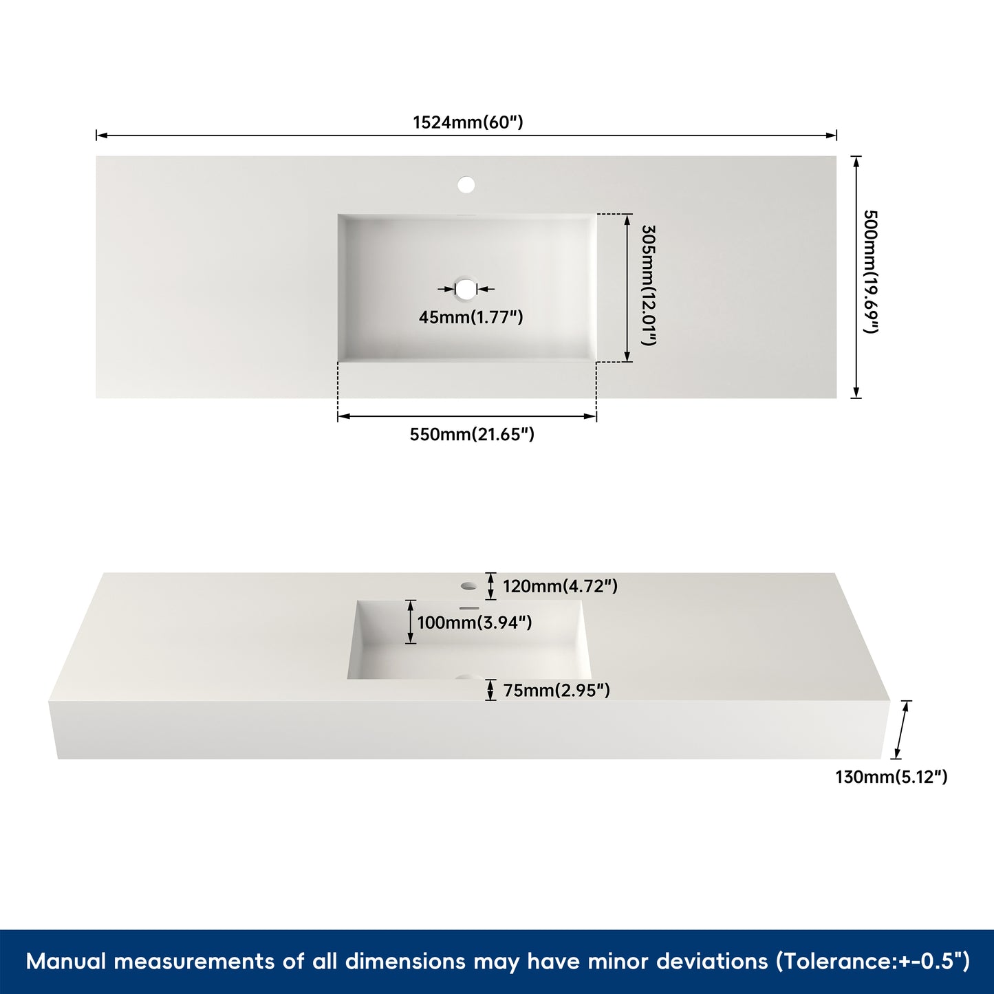 Measurement chart of a rectangular sink with dimensions labeled