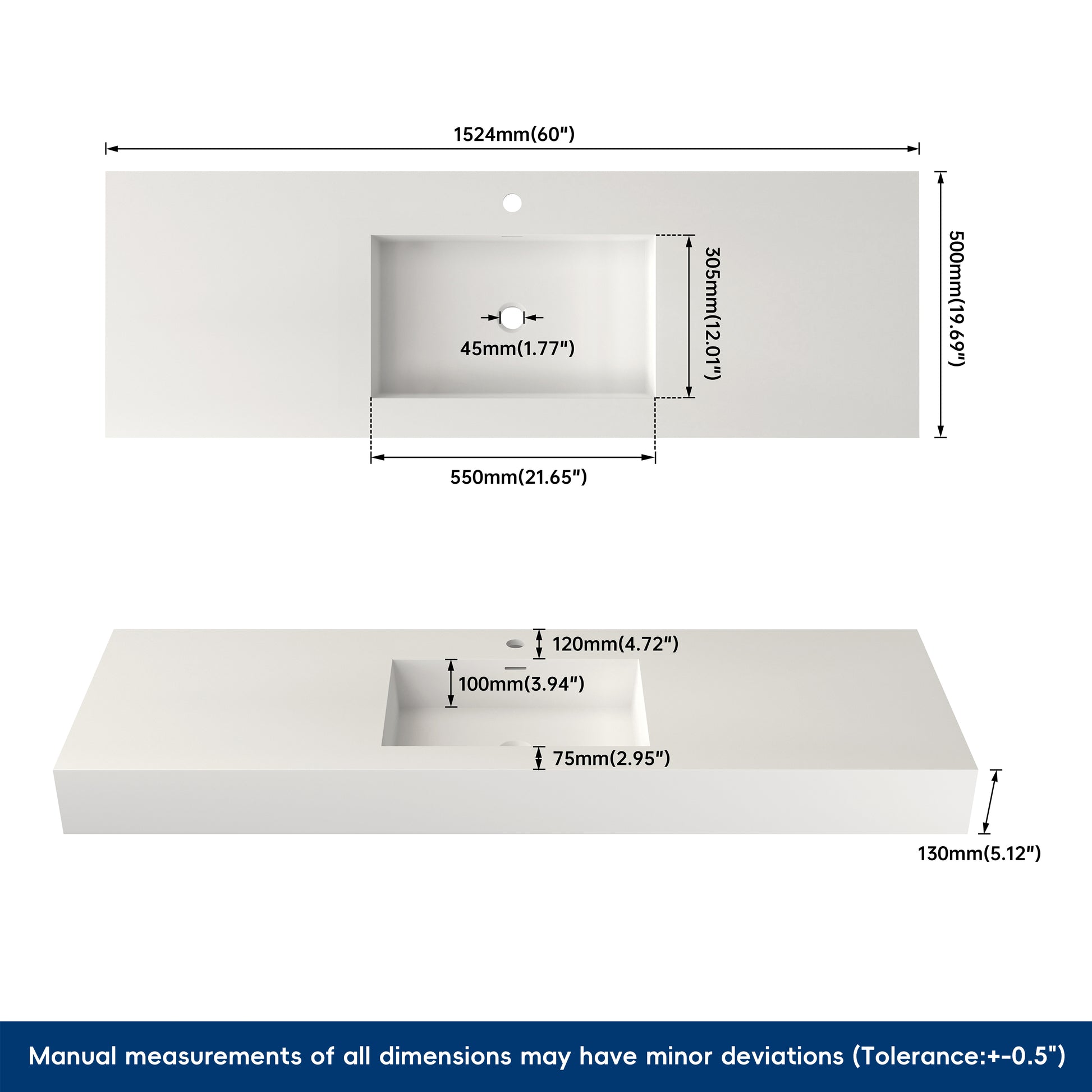 Measurement chart of a rectangular sink with dimensions labeled