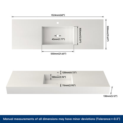 Measurement chart of a rectangular sink with dimensions labeled