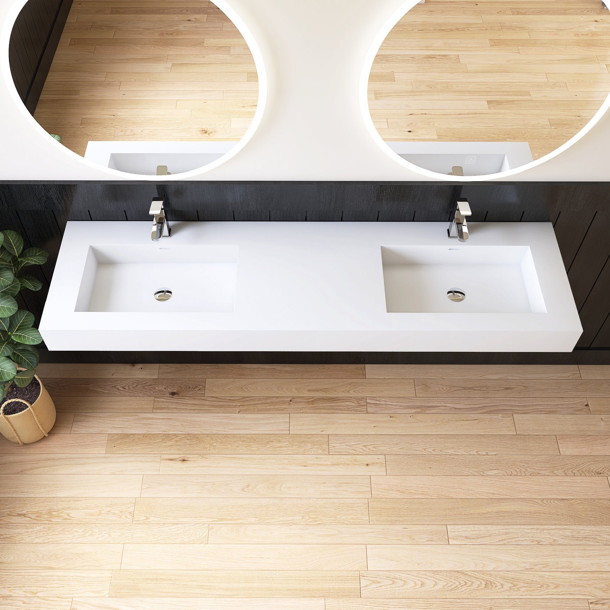 Bathroom with double wall-mountedvanity and round mirrors on a wooden floor