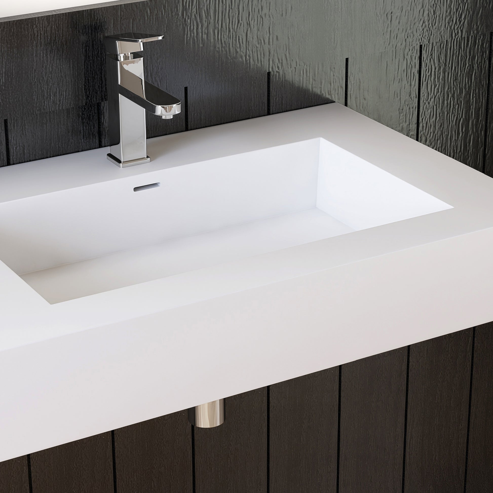 Bathroom vanity with a white double wall-mounted sink and silver faucet against a dark wall.
