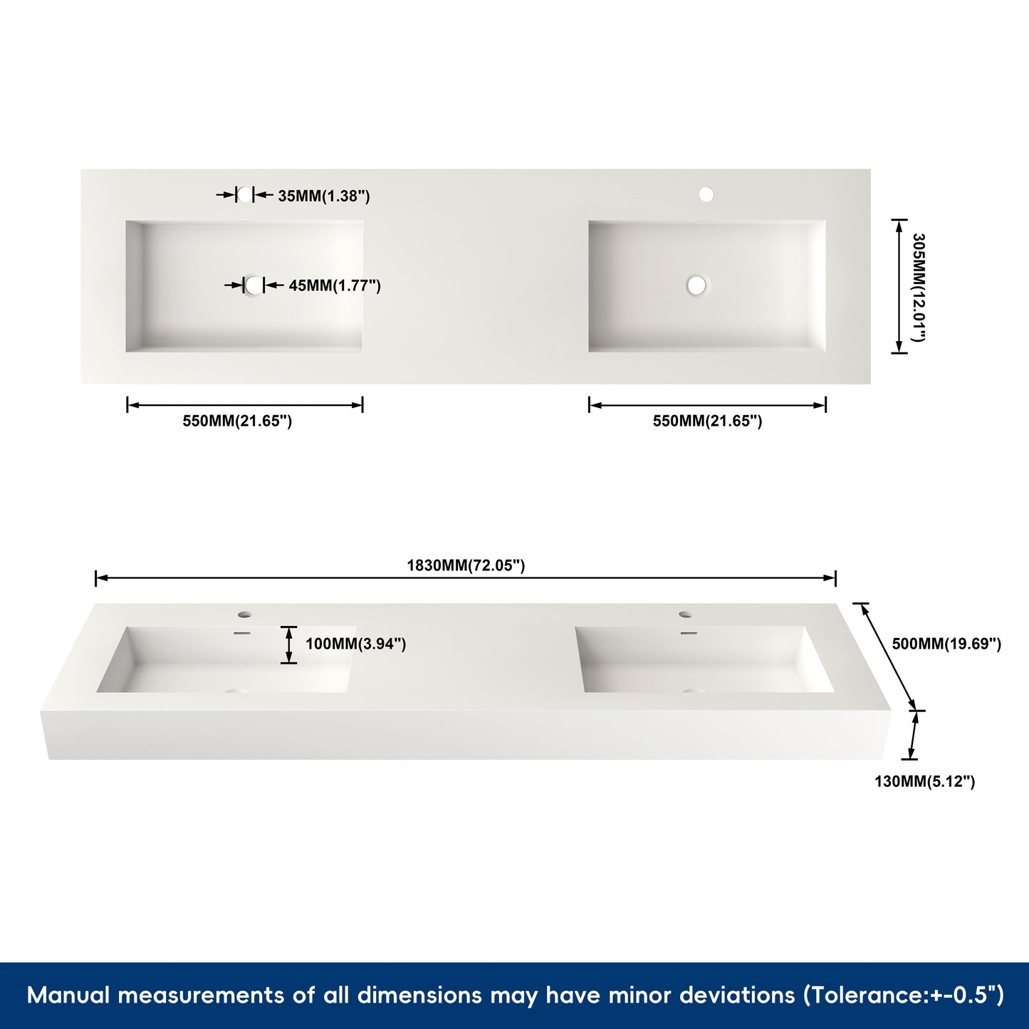 Measurement chart of a white bathroom double wall-mounted sink with dimensions labeled