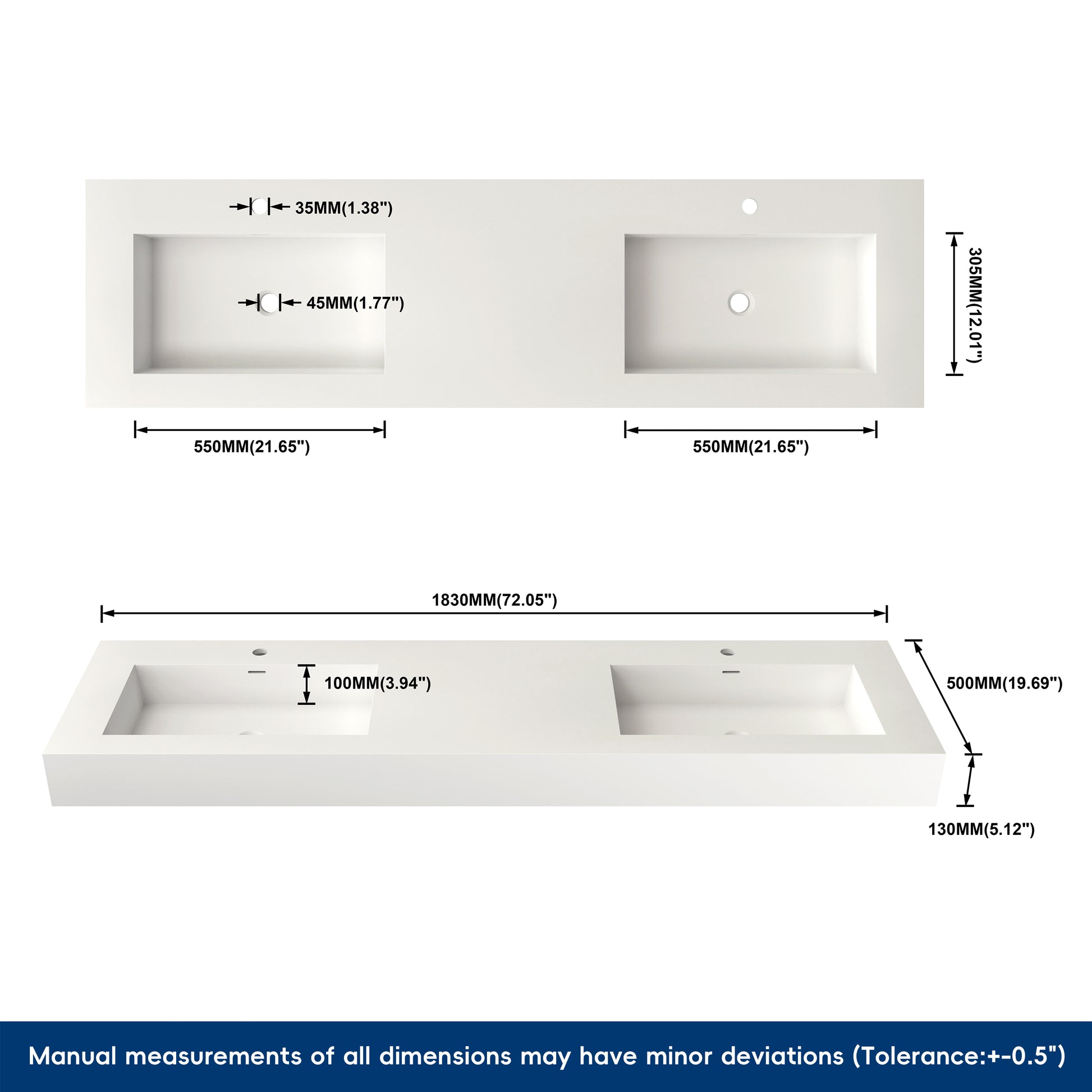 Measurement chart of a white bathroom double wall-mounted sink with dimensions labeled