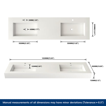 Measurement chart of a white bathroom double wall-mounted sink with dimensions labeled