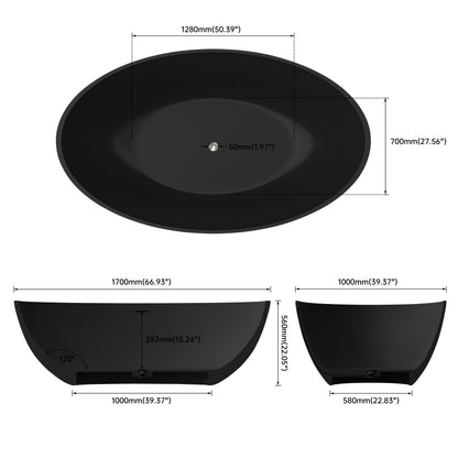 Medunjess 67" Black Modern Freestanding Solid Surface Deep Soaking Bathtub for Two