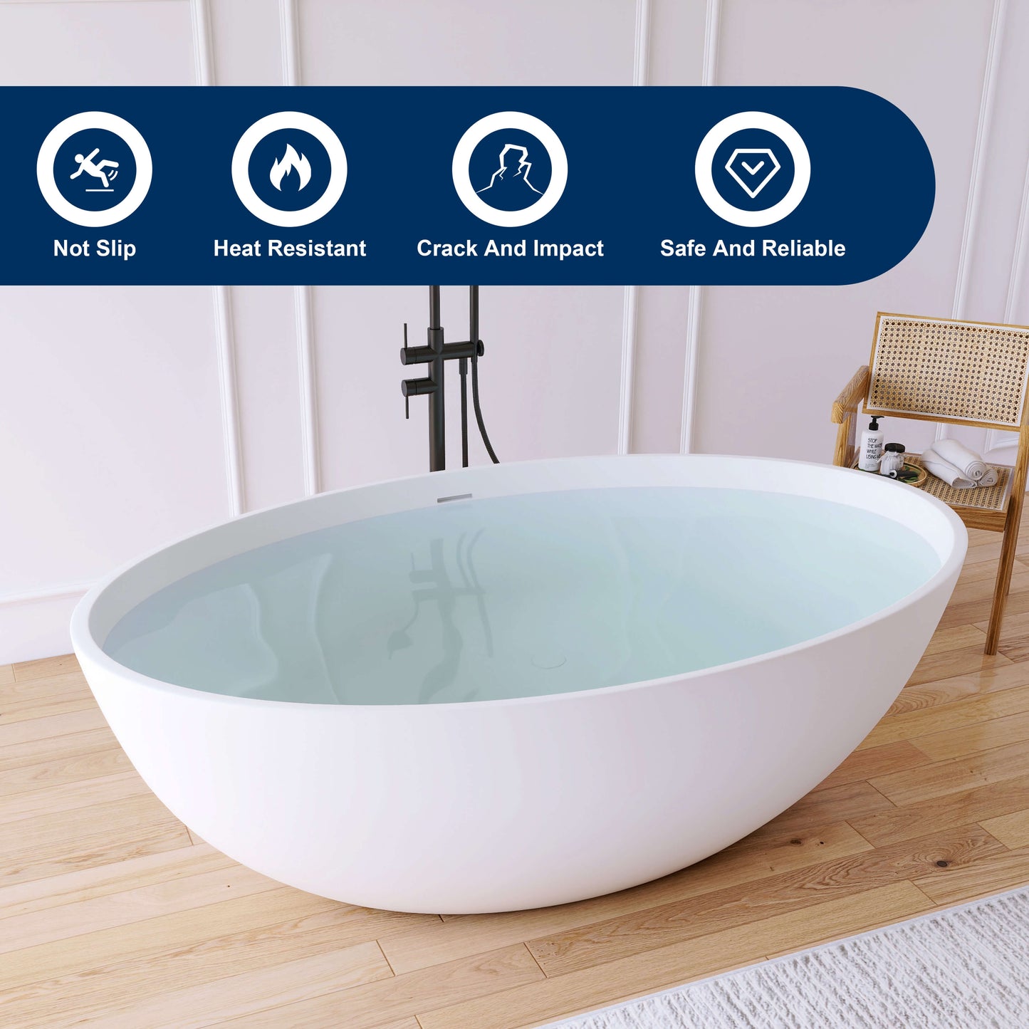 Medunjess 67" White Modern Freestanding Solid Surface Deep Soaking Bathtub for Two